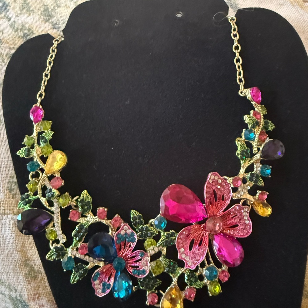 Betsey Johnson Pink and Blue Floral Necklace with Gold Chain
